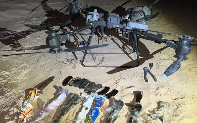 Weapons and a drone seized by IDF troops following an attempted smuggling on the Jordanian border, September 28, 2026. (Israel Defense Forces) Weapons and a drone seized by IDF troops following an attempted smuggling on the Jordanian border, September 28, 2026. (Israel Defense Forces)