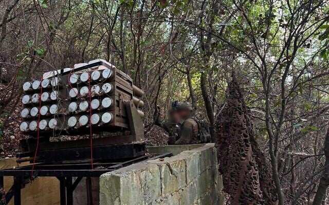 A Hezbollah rocket launcher found by IDF troops in southern Lebanon, in a handout photo published by the military on September 15, 2026. (Israel Defense Forces)