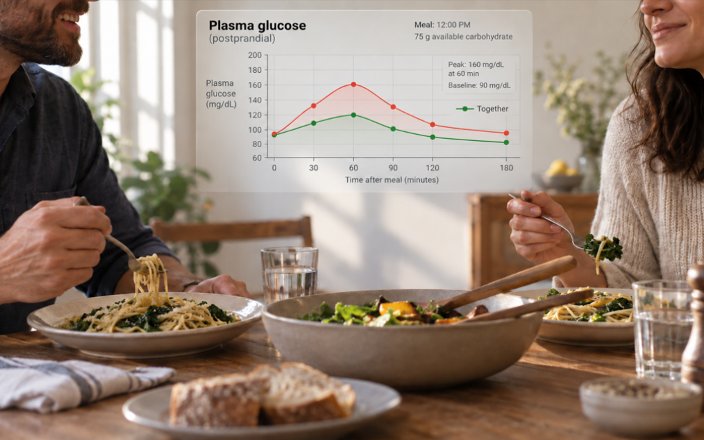 Illustration of effects of eating in company. (Courtesy Shir Atzil/AI Assisted)