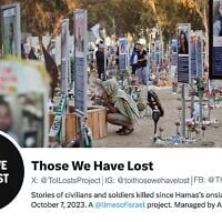 Visitors at a memorial for those killed in the October 7, 2023, massacre. (AP photo/ Ariel Schalit/ Graphic by Times of Israel)