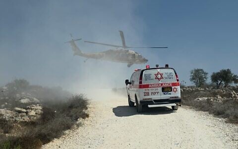The scene of a suspected stabbing attack at the West Bank farming outpost Maoz Yehuda settlement farm on September 7, 2026 (Magen David Adom)