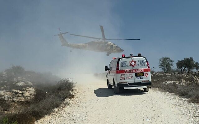 The scene of a suspected stabbing attack at the West Bank farming outpost Maoz Yehuda settlement farm on September 7, 2026 (Magen David Adom)