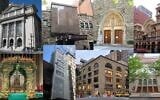 Manhattan synagogues featured in 'My Year in New York Synagogues' by Andrew Waxman include, clockwise from top left: Congregation Shearith Israel, Sutton Place Synagogue, Stephen Wise Free Synagogue, Park East Synagogue, Congregation Kehilath Jeshurun, Park Avenue Synagogue, Congregation Or Zarua and Congregation Emanu-El. (All images Wikimedia Commons; design by Grace Yagel/ JTA)