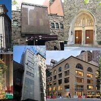 Manhattan synagogues featured in 'My Year in New York Synagogues' by Andrew Waxman include, clockwise from top left: Congregation Shearith Israel, Sutton Place Synagogue, Stephen Wise Free Synagogue, Park East Synagogue, Congregation Kehilath Jeshurun, Park Avenue Synagogue, Congregation Or Zarua and Congregation Emanu-El. (All images Wikimedia Commons; design by Grace Yagel/ JTA)