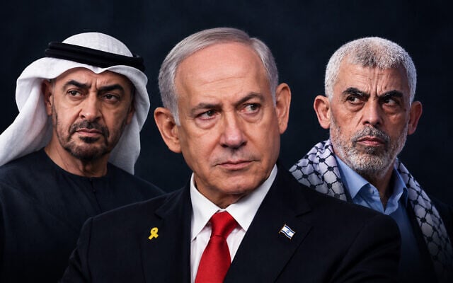 An illustrative combination displaying, left to right, UAE president Mohammed bin Zayed, Israel's Prime Minister Benjamin Netanyahu and the now-deceased Hamas leader Yahya Sinwar (MAHMUD HAMS/AFP, Mandel NGAN/AFP, JOE RAEDLE/Getty Images via AFP)