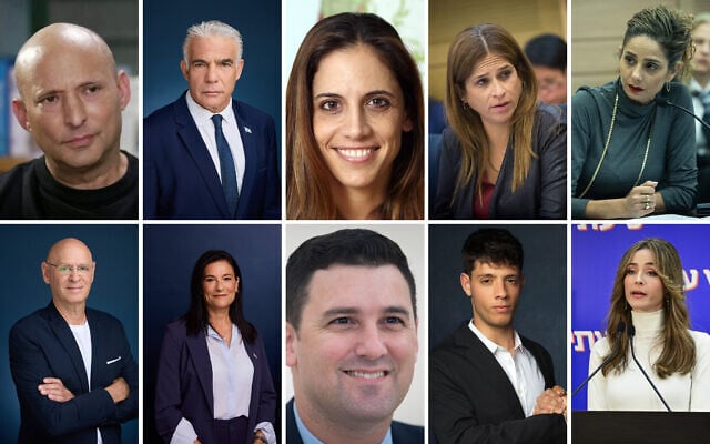 The B'Yachad party's top 10 Knesset candidates, in order: Top row (left to right): Naftali Bennett, Yair Lapid, Keren Terner, Meirav Ben Ari, Liran Avisar Ben-Horin. Bottom row (left to right): Noam Tibon, Michal Negri, Eitan Ginzburg, Yonatan Shalev, Merav Cohen. (Screenshot/Channel 12, Yahav Trudler, Courtesy Finance Ministry, Miriam Alster/FLASH90, Yonatan Sindel/Flash90, Courtesy of the Together party, Noam Revkin Fenton/Flash90, Courtesy Bennett 2026, Avshalom Sassoni/Flash90)