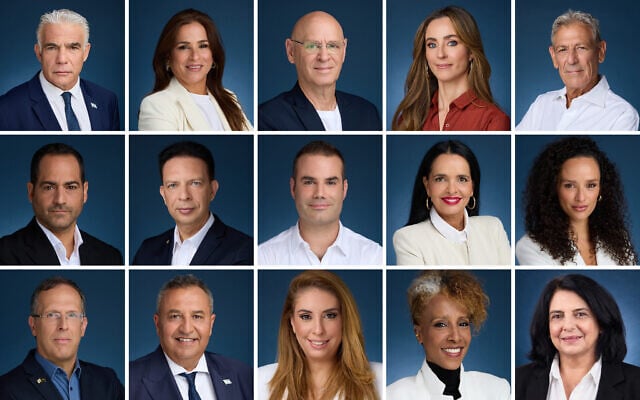 Yesh Atid’s 2026 slate (top row, left to right): 1. Yair Lapid, 2. Merav Ben Ari, 3. Noam Tibon, 4. Meirav Cohen, 5. Ram Ben Barak; (middle row) 6. Naor Shiri, 7. Vladimir Beliak, 8. Yorai Lahav-Hertzanu, 9. Yasmin Sacks-Fridman, 10. Neta Attias; (bottom row) 11. Moshe Turpaz, 12. Simon Davidson, 13. Shelly Tal Meron, 14. Roni Fantanesh Malkai, 15. Mati Sarfatti Harcavi. (Yahav Trudler)