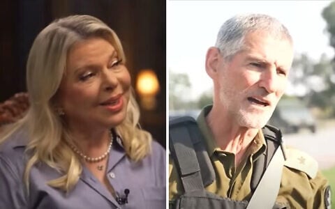 Left: Sara Netanyahu in a Channel 14 interview broadcast on August 31, 2026. Right: Yair Golan, October 14, 2023. (Screenshot/Channel 14; Kan TV screenshot, used in accordance with Clause 27a of the Copyright Law)