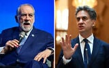 L: US Ambassador to Israel Mike Huckabee speaks during a conference at Tel Aviv University, May 12, 2026. R: Britain’s Foreign Secretary Ed Miliband, at the Palacio de Viana in Madrid, Spain, July 29, 2026. (Avshalom Sassoni/Flash90, Leon Neal/Pool Photo via AP)