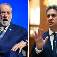 L: US Ambassador to Israel Mike Huckabee speaks during a conference at Tel Aviv University, May 12, 2026. R: Britain’s Foreign Secretary Ed Miliband, at the Palacio de Viana in Madrid, Spain, July 29, 2026. (Avshalom Sassoni/Flash90, Leon Neal/Pool Photo via AP)