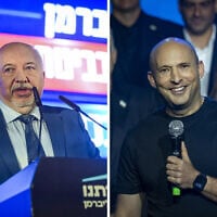 L: Yisrael Beytenu chair Avigdor Liberman speaks at a party event in Tel Aviv, September 6, 2026. R: Former prime minister Naftali Bennett speaks at a B'Yachad party event in Tel Aviv, September 6, 2026. (Avshalom Sassoni/Flash90, Flash90)