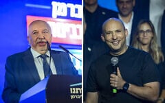 L: Yisrael Beytenu chair Avigdor Liberman speaks at a party event in Tel Aviv, September 6, 2026. R: Former prime minister Naftali Bennett speaks at a B'Yachad party event in Tel Aviv, September 6, 2026. (Avshalom Sassoni/Flash90, Flash90)