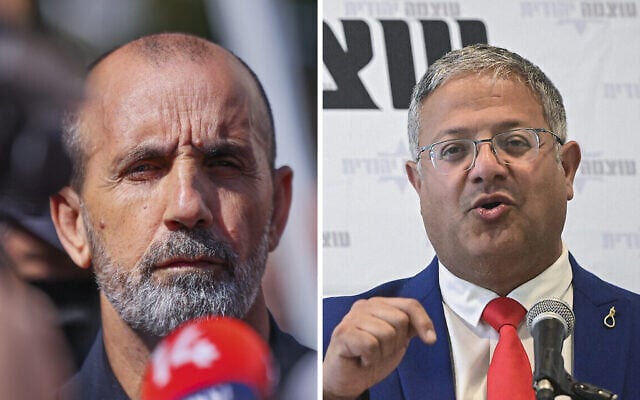 Israel Police Commissioner Daniel Levy (L)  the scene of a shooting incident in Ramle, May 11, 2026, and National Security Minister Itamar Ben Gvir at a press conference in Tel Aviv, September 4, 2026. (Yossi Aloni/Flash90, Avshalom Sassoni/Flash90)