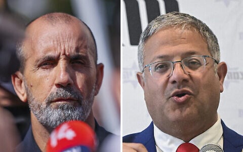 Israel Police Commissioner Daniel Levy (L)  the scene of a shooting incident in Ramle, May 11, 2026, and National Security Minister Itamar Ben Gvir at a press conference in Tel Aviv, September 4, 2026. (Yossi Aloni/Flash90, Avshalom Sassoni/Flash90)