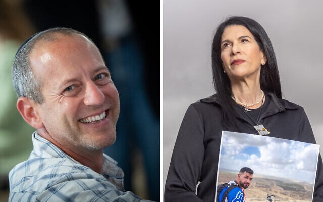 Left: Elisha Madan at the Knesset in Jerusalem, on April 28, 2025; Right: Talik Gvili, mother of the deceased former Gaza hostage Ran Gvili, December 10, 2025 (Yossi Aloni/FLASH90). (Yonatan Sindel/Flash90, Yossi Aloni/FLASH90)