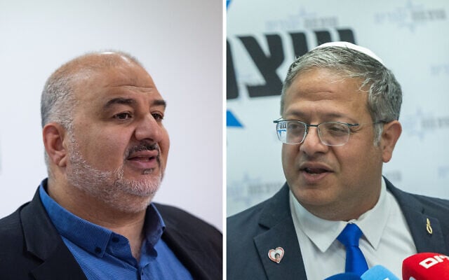 Left: Ra'am party head MK Mansour Abbas leads a faction meeting, at the Knesset on May 11, 2026; right: National Security Minister Itamar Ben Gvir leads an Otzma Yehudit faction meeting at the Knesset in Jerusalem, June 15, 2026. (Yonatan Sindel/ Flash90) Left: Ra'am party head MK Mansour Abbas leads a faction meeting, at the Knesset on May 11, 2026; right: National Security Minister Itamar Ben Gvir leads an Otzma Yehudit faction meeting at the Knesset in Jerusalem, June 15, 2026. (Yonatan Sindel/ Flash90)