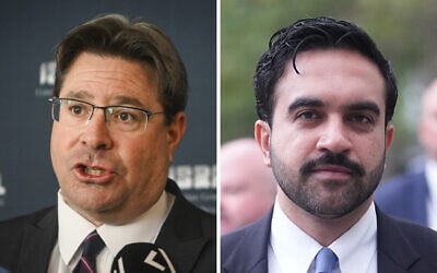 L-R: Ofir Akunis, Israeli Consul General in New York (Arie Leib Abrams/Flash90); New York City Mayor Zohran Mamdani. (AP Photo/Adam Gray, Pool). L-R: Ofir Akunis, Israeli Consul General in New York (Arie Leib Abrams/Flash90); New York City Mayor Zohran Mamdani. (AP Photo/Adam Gray, Pool).
