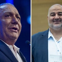 Yashar party chair Gadi Eisenkot (L) in Rosh HaAyin, September 7, 2026, and Ra'am party chair Mansour Abbas in Jerusalem, September 7, 2026. (Chaim Goldberg/Flash90, Yonatan Sindel/Flash90)