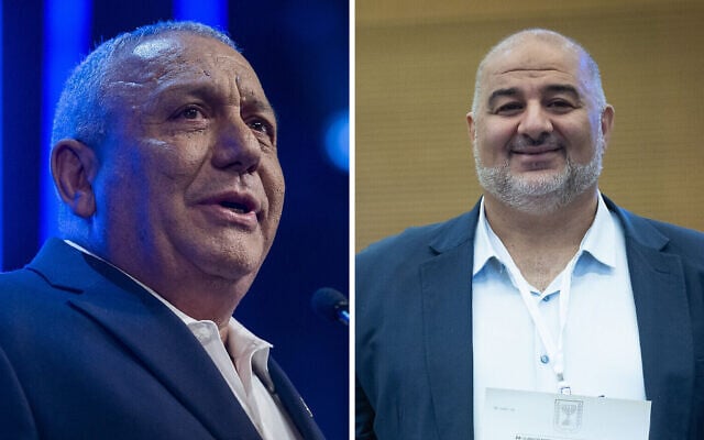 Yashar party chair Gadi Eisenkot (L) in Rosh HaAyin, September 7, 2026, and Ra'am party chair Mansour Abbas in Jerusalem, September 7, 2026. (Chaim Goldberg/Flash90, Yonatan Sindel/Flash90)