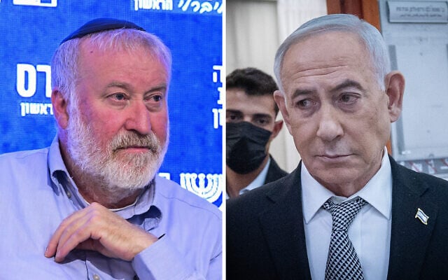 Left: Former attorney general Avichai Mandelblit attends a conference held by the Movement for Quality Government in Tel Aviv, January 29, 2026; right: Prime Minister Benjamin Netanyahu seen after a court hearing in his trial, at the Jerusalem District Court, June 29, 2026. (Avshalom Sassoni/Flash90, Yonatan Sindel/Flash90) Left: Former attorney general Avichai Mandelblit attends a conference held by the Movement for Quality Government in Tel Aviv, January 29, 2026; right: Prime Minister Benjamin Netanyahu seen after a court hearing in his trial, at the Jerusalem District Court, June 29, 2026. (Avshalom Sassoni/Flash90, Yonatan Sindel/Flash90)