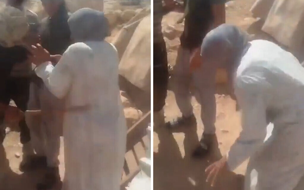 A video shows a settler beating a Palestinian woman with a stick while he was herding sheep in the South Hebron Hills in the southern West Bank, September 18, 2026. (X/SND News Agency screenshot) A video shows a settler beating a Palestinian woman with a stick while he was herding sheep in the South Hebron Hills in the southern West Bank, September 18, 2026. (X/SND News Agency screenshot)