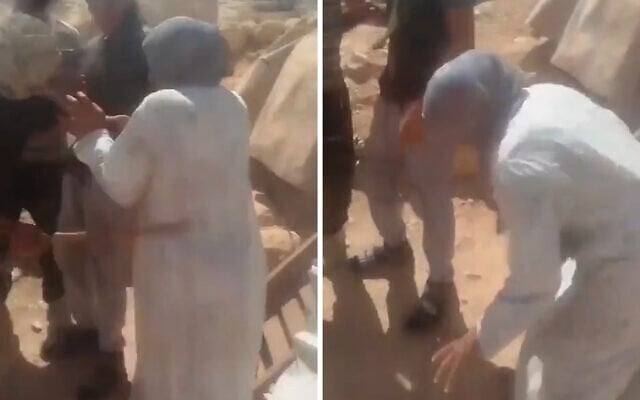 A video shows a settler beating a Palestinian woman with a stick while he was herding sheep in the South Hebron Hills in the southern West Bank, September 18, 2026. (X/SND News Agency screenshot)