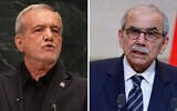 Left: Iran’s President Masoud Pezeshkian speaks at UN headquarters, September 23, 2026. (Heather Khalifa/AP); Right: Lebanon's Prime Minister Nawaf Salam speaks at the Elysee Presidential Palace in Paris, France, April 21, 2026. (Ludovic Marin/Pool Photo via AP).