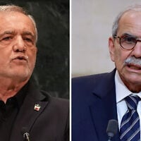 Left: Iran’s President Masoud Pezeshkian speaks at UN headquarters, September 23, 2026. (Heather Khalifa/AP); Right: Lebanon's Prime Minister Nawaf Salam speaks at the Elysee Presidential Palace in Paris, France, April 21, 2026. (Ludovic Marin/Pool Photo via AP).