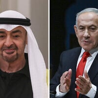 L: President of the United Arab Emirates, Sheikh Mohamed bin Zayed Al Nahyan. R: Prime Minister Benjamin Netanyahu. (Maxim Shipenkov/Pool Photo via AP, Arie Leib Abrams/Flash90)