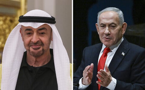 L: President of the United Arab Emirates, Sheikh Mohamed bin Zayed Al Nahyan. R: Prime Minister Benjamin Netanyahu. (Maxim Shipenkov/Pool Photo via AP, Arie Leib Abrams/Flash90)