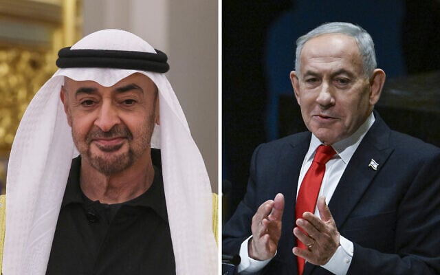 L: President of the United Arab Emirates, Sheikh Mohamed bin Zayed Al Nahyan. R: Prime Minister Benjamin Netanyahu. (Maxim Shipenkov/Pool Photo via AP, Arie Leib Abrams/Flash90)