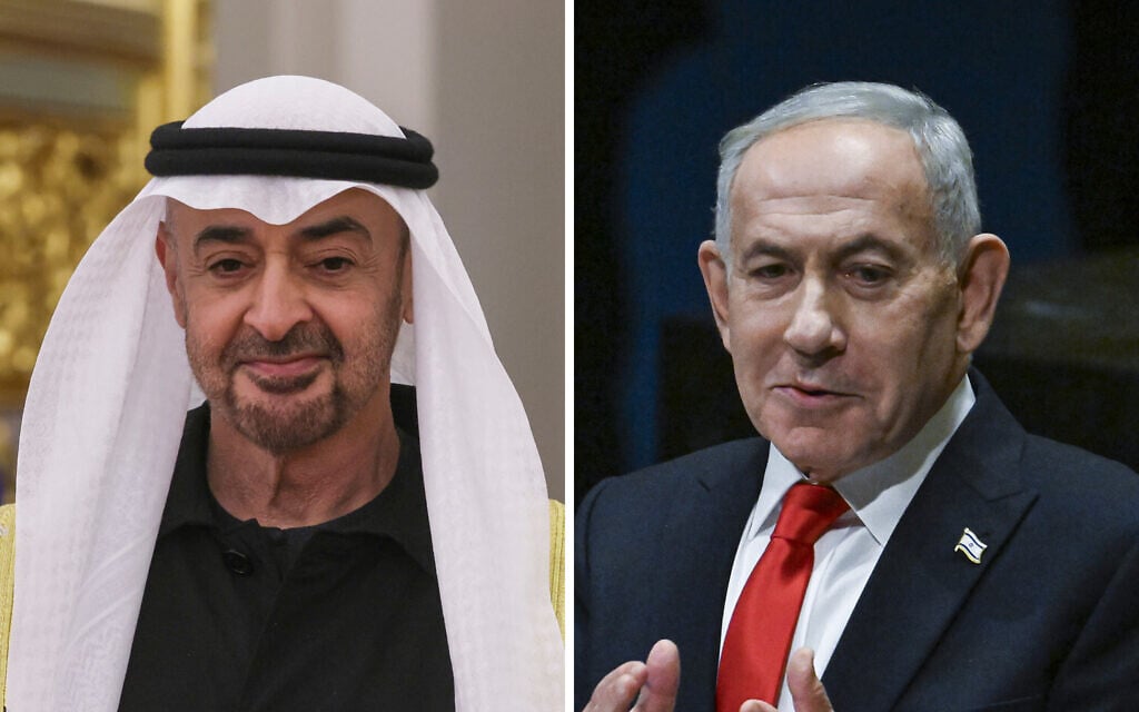 L: President of the United Arab Emirates, Sheikh Mohamed bin Zayed Al Nahyan. R: Prime Minister Benjamin Netanyahu. (Maxim Shipenkov/Pool Photo via AP, Arie Leib Abrams/Flash90)
