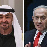 L: President of the United Arab Emirates, Sheikh Mohamed bin Zayed Al Nahyan. R: Prime Minister Benjamin Netanyahu. (Maxim Shipenkov/Pool Photo via AP, Arie Leib Abrams/Flash90)