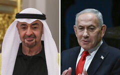 L: President of the United Arab Emirates, Sheikh Mohamed bin Zayed Al Nahyan. R: Prime Minister Benjamin Netanyahu. (Maxim Shipenkov/Pool Photo via AP, Arie Leib Abrams/Flash90)