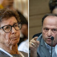 L: Former hostage Yocheved Lifshitz at the Knesset, August 12, 2025. R: Itzik Bonzel speaks during a House committee meeting at the Knesset, June 15, 2026. (Chaim Goldberg/Flash90, Yonatan Sindel/Flash90)