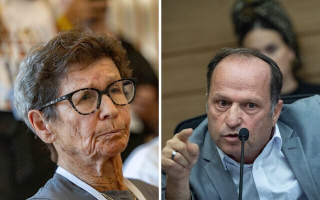L: Former hostage Yocheved Lifshitz at the Knesset, August 12, 2025. R: Itzik Bonzel speaks during a House committee meeting at the Knesset, June 15, 2026. (Chaim Goldberg/Flash90, Yonatan Sindel/Flash90)