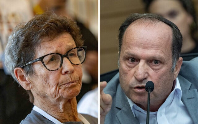 L: Former hostage Yocheved Lifshitz at the Knesset, August 12, 2025. R: Itzik Bonzel speaks during a House committee meeting at the Knesset, June 15, 2026. (Chaim Goldberg/Flash90, Yonatan Sindel/Flash90)