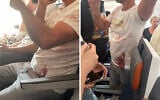 A passenger is seen with a bloodied shirt aboard a flydubai flight from Dubai to Tel Aviv that suffered an emergency mid-air, amid reports of a fight in the cockpit, September 30, 2026 (Courtesy)