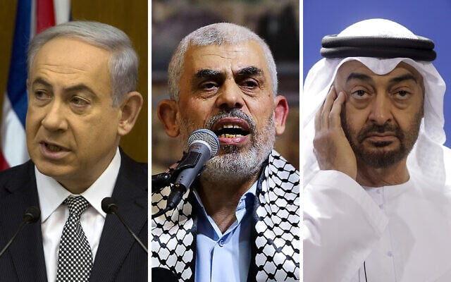 Benjamin Netanyahu, left, Yahya Sinwar, center and Mohamed bin Zayed al Nahyan. (AP Photo/Sebastian Scheiner, Abed Rahim Khatib/ Flash90/ File, AP Photo/Markus Schreiber)