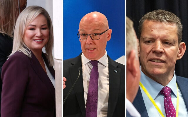 (L-R) First Minister of Northern Ireland Michelle O'Neill; First Minister of Scotland John Swinney; First Minister of Wales Rhun ap Iorwerth. (AP Photo/Peter Morrison, Andy Buchanan/AFP, Mark Naftalin/AFP)