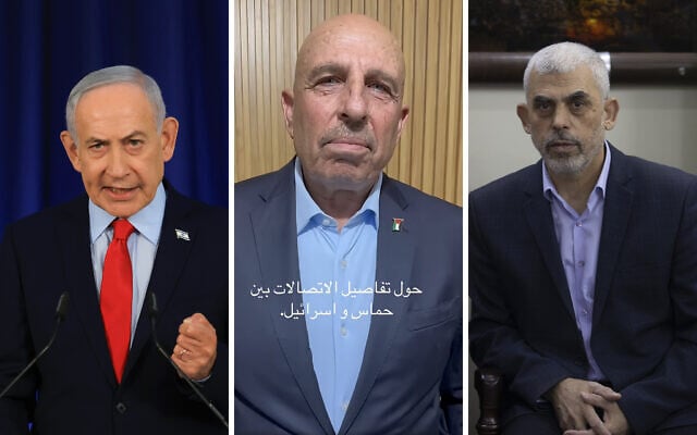 Prime Minister Benjamin Netanyahu, former Palestinian Authority minister Sufian Abu Zaida and Hamas chief Yahya Sinwar. (Ronen Zvulun, Pool Photo via AP, Screen capture/Facebook, AP Photo/Khalil Hamra)