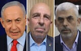 From left: Prime Minister Benjamin Netanyahu, former Palestinian Authority minister Sufian Abu Zaida and Hamas chief Yahya Sinwar. (Ronen Zvulun, Pool Photo via AP, Screen capture/Facebook, AP Photo/Khalil Hamra)