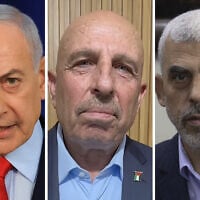 From left: Prime Minister Benjamin Netanyahu, former Palestinian Authority minister Sufian Abu Zaida and Hamas chief Yahya Sinwar. (Ronen Zvulun, Pool Photo via AP, Screen capture/Facebook, AP Photo/Khalil Hamra)