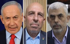 From left: Prime Minister Benjamin Netanyahu, former Palestinian Authority minister Sufian Abu Zaida and Hamas chief Yahya Sinwar. (Ronen Zvulun, Pool Photo via AP, Screen capture/Facebook, AP Photo/Khalil Hamra)