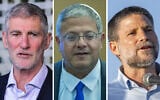 Left to right: The Democrats party chairman Yair Golan in Tel Aviv, July 28, 2026. (Avshalom Sassoni/Flash90); National Security Minister Itamar Ben Gvir, the Otzma Yehudit party chairman, in Jerusalem, September 7, 2026. (Yonatan Sindel/Flash90); Finance Minister Bezalel Smotrich, the Religious Zionism party chairman in the West Bank, September 2, 2026. (Chaim Goldberg/Flash90)