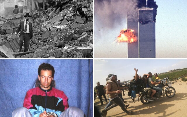 From the AMIA bombing to 9/11, the murder of Daniel Pearl and October 7, Islamist terror and antisemitism have repeatedly followed the same deadly path. (AFP/Ali Burafi, Seth McAllister / AFP, photo credit: AP, Hatem Ali/ AP)