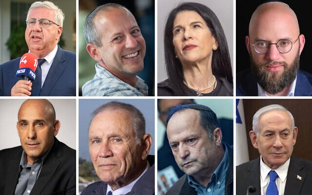 The candidates receiving reserved slots on Likud's Knesset slate, as chosen by Prime Minister Benjamin Netanyahu (bottom right) -- Top row, left to right: Jacob Bardugo, Elisha Madan, Talik Gvili, David Peter; Bottom row, left to right: Amir Avivi, Eli Goldschmidt, Itzik Bunzel. (Arie Leib Abrams/Flash90, Yonatan Sindel/Flash90, Yossi Aloni/FLASH90, Omer Meran/GPO)