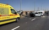 A Magen David Adom ambulance stands in front of two vehicles that crashed into each other on Route 310 in southern Israel on September 17, 2026. (Magen David Adom)