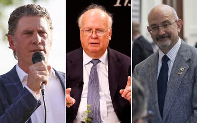 Left: Bo French speaks at a rally on April 15, 2025, in Mansfield, Texas (Shafkat Anowar/The Dallas Morning News via Getty Images via JTA); Center: Karl Rove on September 20, 2024, in Washington, DC (Paul Morigi/AFP); Right: Jon E. Rosenthal in Austin, Texas, August 18, 2025. (Mikala Compton/Austin American-Statesman via Getty Images via JTA) Left: Bo French speaks at a rally on April 15, 2025, in Mansfield, Texas (Shafkat Anowar/The Dallas Morning News via Getty Images via JTA); Center: Karl Rove on September 20, 2024, in Washington, DC (Paul Morigi/AFP); Right: Jon E. Rosenthal in Austin, Texas, August 18, 2025. (Mikala Compton/Austin American-Statesman via Getty Images via JTA)