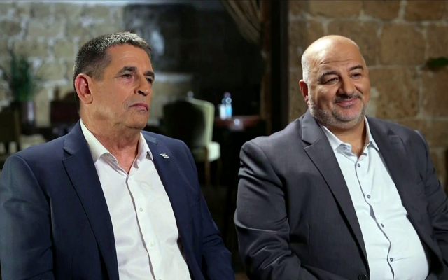Yoav Segalovitz (left), the number two candidate on the Ra'am party electoral list, and Ra'am leader Mansour Abbas, seen during an interview with Channel 12, September 5, 2026. (Screenshot/Channel 12) Yoav Segalovitz (left), the number two candidate on the Ra'am party electoral list, and Ra'am leader Mansour Abbas, seen during an interview with Channel 12, September 5, 2026. (Screenshot/Channel 12)